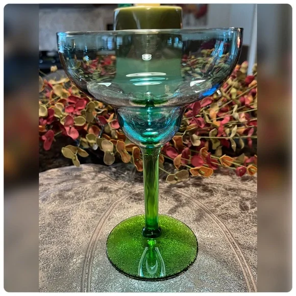 Pair of Hand Blown Blue & Green Margarita Glasses-EUC!!! - Picture 3 of 5